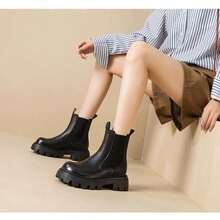 Women's New Solid Color Chunky Heel Ankle Boots, Autumn/Winter Fashion Chelsea Boots, Versatile Round Toe Elastic Band Ankle Boots, PU Material - Black - View 2