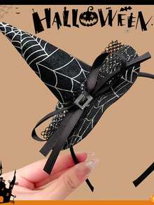 1pc Halloween Mini Witch Hat Headband, Spider Web Pattern Bow Mesh Rhinestone Decor Hair Hoop, Cosplay Party Costume Hair Accessory For Women - Multicolor - View 4