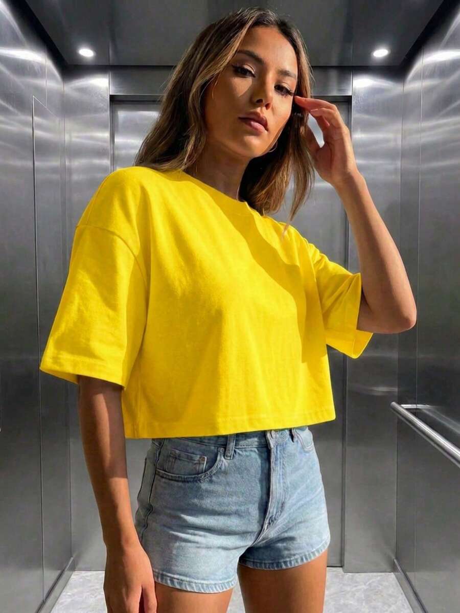 Women's Round Neck Short Sleeve Loose Casual Top Yellow Summer