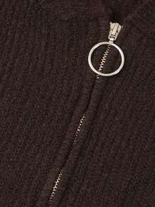 NiceArt Women's Autumn Dark Brown Blended Streetwear Knit Top, Hooded Half-Zip Drawstring Sweater, Winter Outfit, Suitable For Socializing And Night Out - Brown - View 5