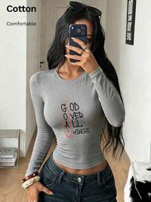 Autumn Women's Slim Fit Long Sleeve T-Shirt With Black Letter Graphic 'GOD OVER ALL THINGS' And Red Oval Accents, Crew Neck Pullover Top - Grey - View 7
