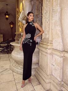 ADYCE Elegant Halter Waisted Backless Bodycon Rhinestone Midi Birthday Party Festival Party Prom Gown Homecoming Wedding Guest Formal Dinner Christmas - Black - View 6