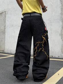 Hearty Haven 1pc Men's American Street Style Embroidered Wide Leg Jeans, Comfortable All-Season Loose Fit Floral College Style Long Pants - No Belt And Accessories - Black - View 1
