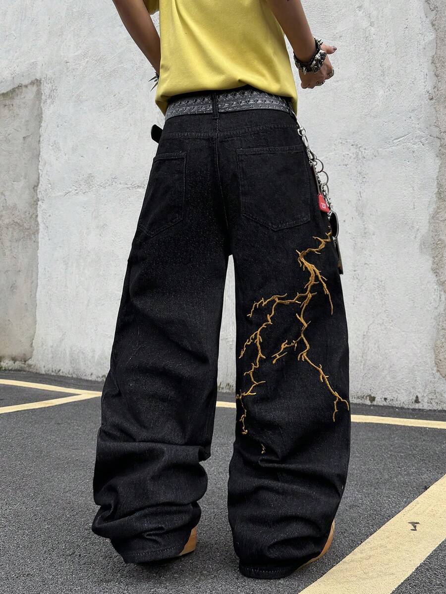 Hearty Haven 1pc Men's American Street Style Embroidered Wide Leg Jeans, Comfortable All-Season Loose Fit Floral College Style Long Pants - No Belt And Accessories - Black - View 1