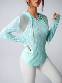1pc Autumn/Winter Lightweight Mesh Patchwork Design Hooded Long Sleeve Lightweight Sweatshirt Fitness Wear For Outdoor Hiking And Training Sports - Green - View 1