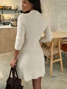Women's Fall/Winter Oatmeal V-Neck Frog Button Soft Ribbed Knit Bodycon Mini Dress, Long Sleeve Cinched Waist Sexy Elegant Party Date Layering Wear - Apricot - View 7