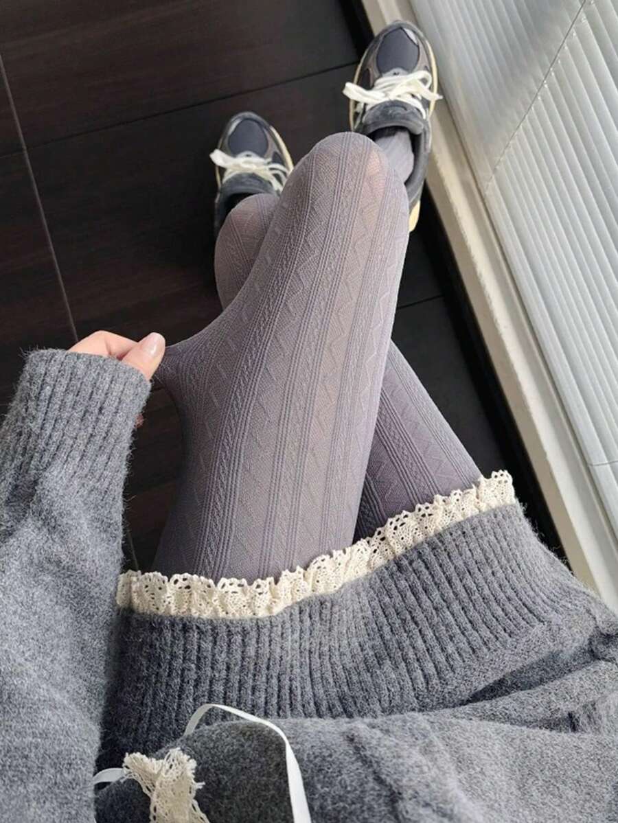 1pc Women's Casual Versatile Textured Dark Gray & White Leggings, High Elasticity Soft & Comfortable, Vintage Pattern Tights, Suitable For All Seasons - Multicolor - View 1