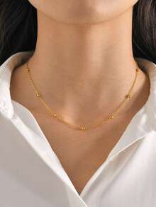1pc Fashion Stainless Steel Bead Chain Necklace 18K Gold Color For Women, Daily Wear, Gift Jewelry - Gold - View 4