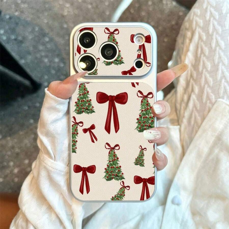 1pc TPU Material Red Bow Christmas Tree Full Print Pattern Phone Case Compatible With Apple 17promax/17/16promax/15/13/12/11 Large Window Sticker Full Coverage Anti-Drop Soft Shell Phone Protective Cover - Silver - View 1