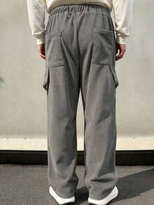 Men's Vintage Corduroy Casual Pants, Multi-Pocket Wide Leg Straight Leg Fashion Trousers - Grey - View 5
