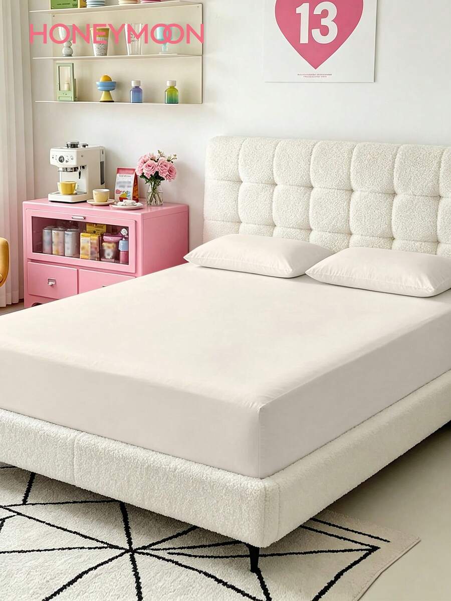 1pc Solid Color Fitted Sheet, Mattress Protector, Mattress Cover, Deep Pocket Fitted Sheet, Soft & Breathable, Fits Various Bed Sizes - Twin, Full, Queen, King, Essential Bedding For Home & Dorm - Creamy White - View 1
