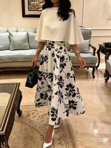 Floral Print Elegant Dress And Solid Color Shawl Top Set - Blue and White - View 1
