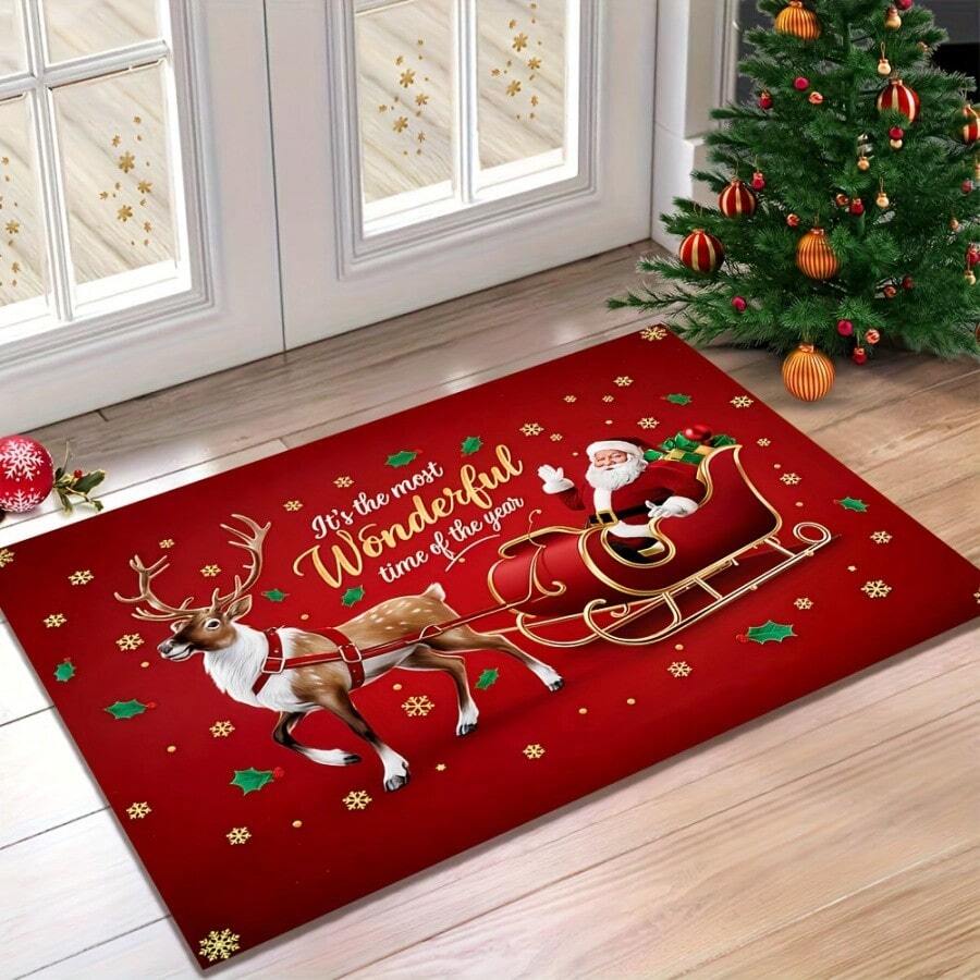 1PC Welcome Doormat With Santa Claus And Reindeer Pulling Sleigh Pattern And "It's The Most Wonderful Time Of The Year" Text | Suitable For Room Decor, Floor Mat, Bedroom Carpet, Kitchen Mat, Home Decor, Entryway Mat And Bathroom Mat. Christmas Home Decor, Perfect Christmas Gift, Suitable For Winter Use - A - View 1