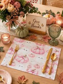 Halloween Cute Pink Pumpkin Table Runner, Throw Pillow, Placemat, Pink Background Bow Pumpkin Smiling Ghost Print Tablecloth, Sweet Girl Style Halloween Autumn Kitchen Dining Room Decor, Rectangular Table Runner - Multicolor - View 5
