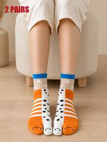 2 Pairs Women's Colorblock Split Toe Mid-Calf Socks, Star Polka Dot Stripe Jacquard Split Toe Socks, Ribbed Cuff Elastic Anti-Slip Unique Sports Socks - Multicolor - View 9