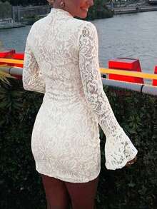 Women's Flare Sleeve Hollow Lace Mini Bodycon Party Dress Elegant Spring - Beige - View 5