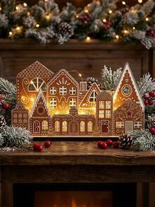 Christmas Gingerbread House Decor With Light Wooden Village Set,Gingerbread House Wooden Table Centerpiece Decor For Xmas,Farmhouse,Fireplace,Bookshelf,Dining Table,Windowsill - Multicolor - View 1