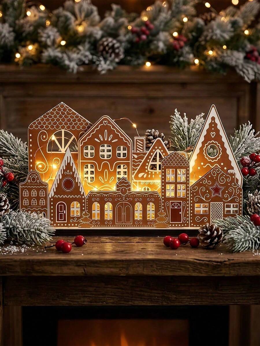 Christmas Gingerbread House Decor With Light Wooden Village Set,Gingerbread House Wooden Table Centerpiece Decor For Xmas,Farmhouse,Fireplace,Bookshelf,Dining Table,Windowsill - Multicolor - View 1