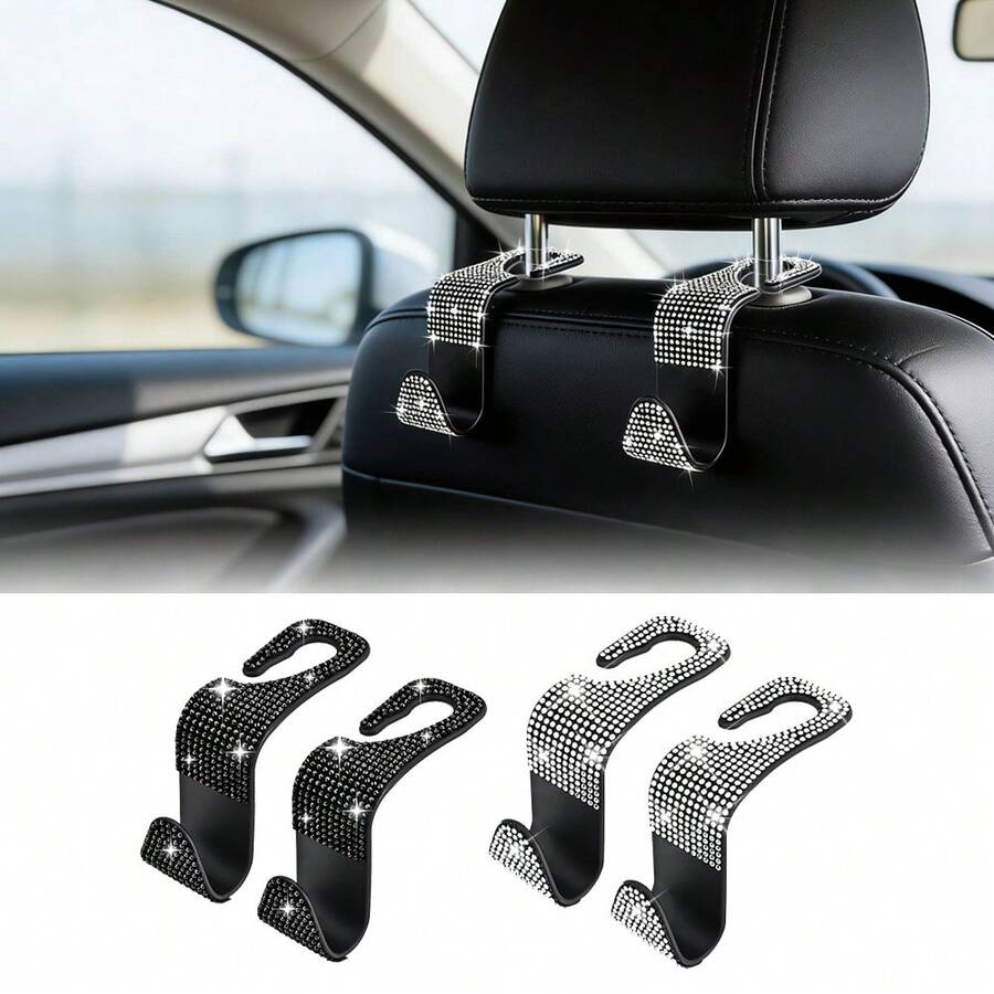 Shiny Car Seat Headrest Hook, Crystal Rhinestone Car Seat Back Hook, Suitable For Shopping Bags And Handbags, Diamond Style Car Seat Back Storage Organizer Hook, Universal For Most Car Models - Multicolor - View 1