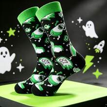 1 Pair Fun Cartoon Monster Mid-Calf Socks, Unisex, Black & Green Color Block, Vibrant & Eye-Catching, Soft Knitted Fabric, & Unique, Versatile For Daily Wear - Multicolor - View 7