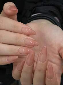 30pcs/Set Nude Long Almond-Shaped Nail Patches, Simple Bean Paste Pink Gradient Smudge Fake Nails, Suitable For Parties And As Gifts For Ladies And Girls, Includes 1 Jelly Glue And 1 Nail Patch. - Pink - View 1