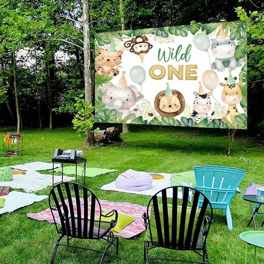 1pc "Wild One" Backdrop With Jungle Animal Pattern, Suitable For 1st Birthday Celebration, Green And Gold Decoration. This Banner Is Perfect For Photo Shoots - Jungle Animal Party - View 1