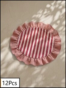 1/2/4/6/12pcs Red & White Thin Striped Pink Ruffle Edge Fabric Placemats, Fresh Natural Style, Round Shape With Ruffle Edge Patchwork Details, Stain-Resistant Tabletop Protection And Decorative Function, Suitable For Daily Breakfast And Natural Home Decor Scenes - Red - View 12