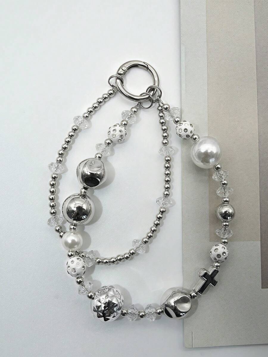 1pc Aesthetic Silver Cross Star Phone Chain, Crystal Beaded Multi-Layer Buckle Lanyard, Versatile Decorative Strap For Students Daily Photography