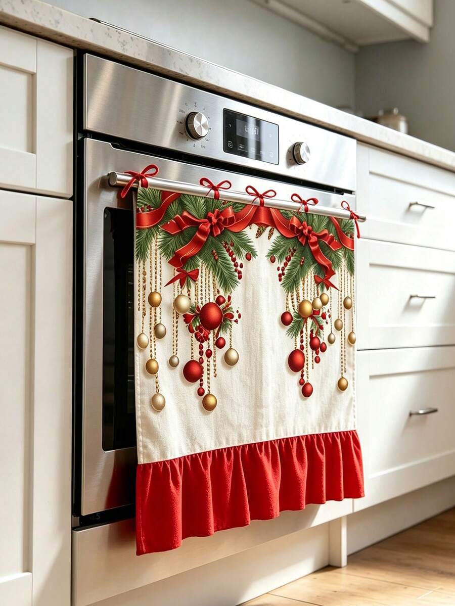 Christmas Oven Door Curtain, Red Bow Pine Branch Red & Gold Ball Tassel Print, Red Scalloped Edge Hanging Decor, Suitable For Kitchen, Holiday Party, Farmhouse Home Decor - D - View 1