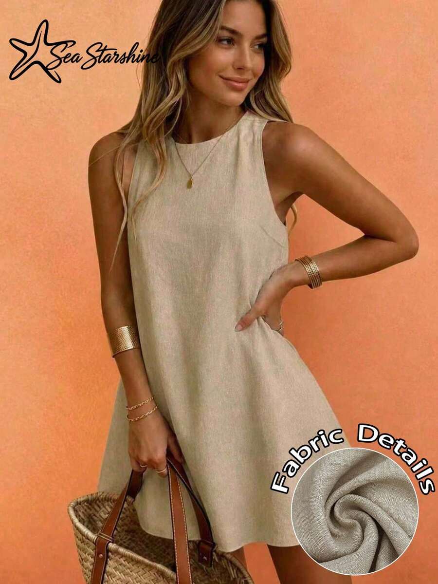Women's Fashionable Versatile Minimalist Elegant Khaki Round Neck Sleeveless Dress, Suitable For Commuting In Spring And Summer - Khaki - View 1
