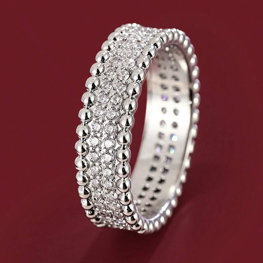 1pc Minimalist Geometric Beaded Edge Design Double Row Cubic Zirconia Women Ring - Multicolor - View 1