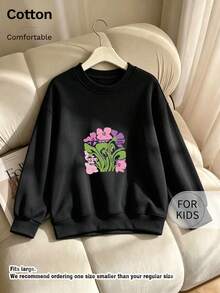 Tween Girl Crew Neck Sweatshirt, Vintage Pink Purple Floral 2023 Print Pullover - Black - View 9