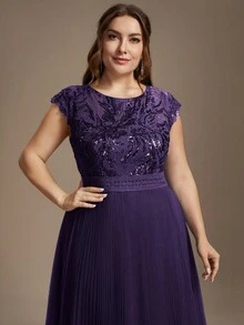 EVERPRETTY فستان نسائي بمقاس كبير بياقة دائرية وتول مجعد بقصة A باللون البنفسجي مناسب لضيفة الزفاف والسهرة الرسمية وفستان أم العروس - الأرجواني - مشاهدة 2
