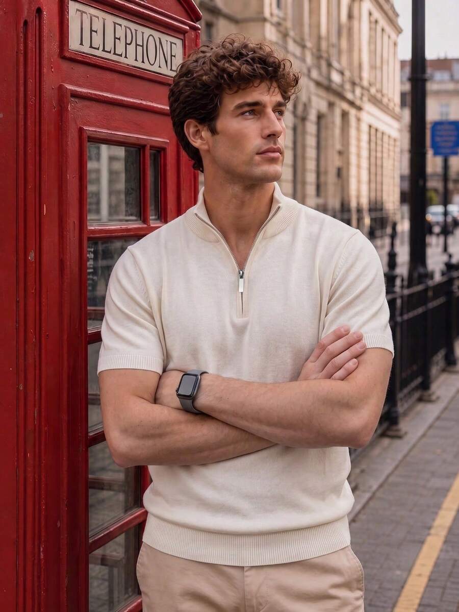 Men's Half-Zip Stand Collar Short Sleeve T-Shirt, Business Casual Knit Summer Top - White - View 1