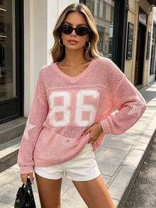 Women's Oversized Casual Knitted Pullover Sweater, Number Print Loose Airy Elegant Vibe, Suitable For Summer Couples Pink Spring - Pink - View 9
