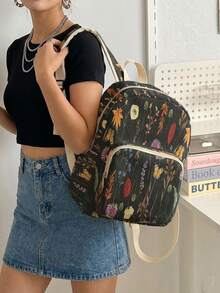 1 Piece Backpack, Women's Mini Backpack, Corduroy Girl's School Bag, Travel Storage Bag, Flower‑Printed Design, Large‑Capacity Foldable Easy‑To‑Store Bag, Lightweight And Pressure‑Relieving, Multi‑Pocket Layered Design With Zipper Closure - Black Floral 22530 - View 3