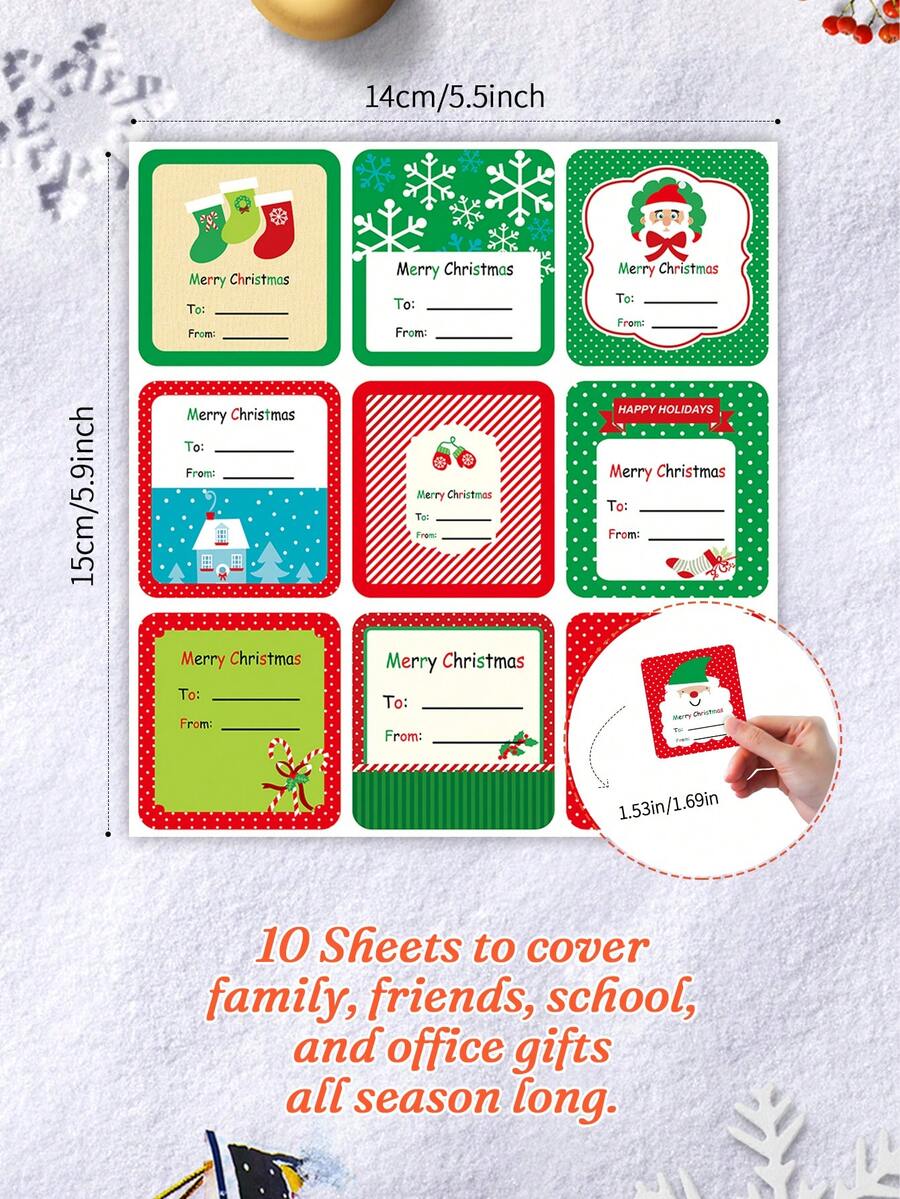 10 feuilles d'étiquettes cadeaux de Noël, étiquettes de fêtes À/De pour fournitures de journal, fournitures de journal de bricolage, fournitures de scrapbooking, Halloween, emballage cadeau, cartes, famille, amis & cadeaux de bureau - Étiquette de Noël - Voir 1