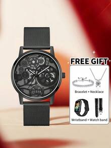 Guess Men's Vintage Styled Openwork Watch Rich Chocolate Leather Strap Warm Tone Bezel Roman Numeral Track Analog Quartz Wristwatch Business Promotions Gift - one-size - View 4