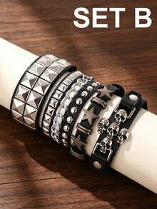 1/4/8pcs PU Leather Studded Punk Bracelets For Men Women Gothic Skull Rivet Cuff Wristband Adjustable Punk Rock Accessory For Halloween Party,Festival - Multicolor - View 8