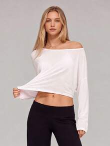 Sodalemon Women's Drop Shoulder Fitness Yoga Long Sleeve T-Shirt, Loose Casual Sports Workout Top, Running Training Cover-Up - White - View 5