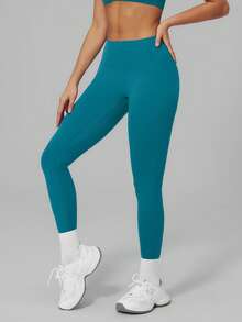 Sodalemon Women's Seamless Front Pilates Training Leggings, Solid Color Yoga Tight Pants, Running Outdoor Sports Pants - Teal Blue - View 5