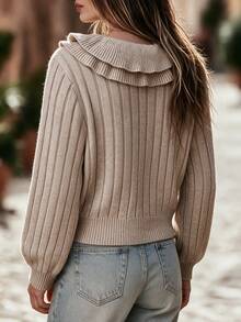 Cardigan Rajut Wanita Warna Oatmeal Musim Gugur/Semi dengan Ruffle Ganda, Leher V, Lengan Panjang Pendek, Kancing Mutiara di Depan, Lembut, Elegan, Kasual, Cocok untuk Kantor dan Kencan. - Warna karang - View 7