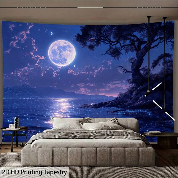 1pc Full Moon Sea Shore Tapestry Ancient Tree Starry Night Glowing Water Reflection Purple Cloud Sky Landscape Print Wall Hanging Dreamy Coastal Nature Wall Cloth For Bedroom Living Room Dorm Decor