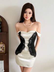 Top Dazzle Chic Women's Strapless Bodycon Short Dress Elegant Lace Detail Backless Knitted Mini Dress For Evening - Black - View 4
