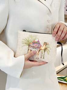 Camel & Palm Tree Print Makeup Bag, Zippered Toiletry Storage Pouch, Reusable Cosmetic Organizer With Camel Pattern, Lightweight, Makeup & Toiletry Storage Bag, Zippered Makeup Bag, Lightweight Coin Purse, Toiletry Bag, Storage Bag, Travel Accessory, Perfect For Shopping, Multi-Functional Use, For Organizing Cosmetics, Brushes, Accessories, Perfect Gift For Teacher's Day, Back To School, Middle East National Day, Halloween, Ramadan, Christmas - Multicolor - View 17
