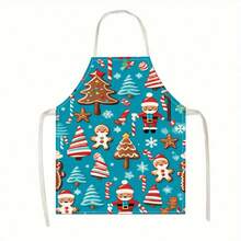 1pc Christmas Linen Apron, Holiday Santa Claus & Tree Print, Red Cartoon Gingerbread Man, Sleeveless Kitchen Apron, Durable Home Cooking Protective Cover, Decorative Holiday Kitchen Accessory - Multicolor - View 6