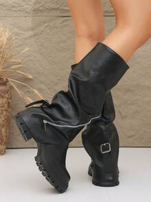 Women's Loose Fit Knee-High Thick Sole Boots With Zipper Detail - Black - View 6