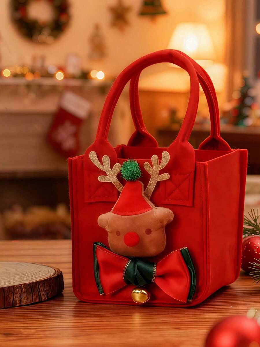 Christmas Felt Square Treat Gift Tote Bag, Handheld Holiday Goody Pouch With Adorable Reindeer Applique Bow Bell Detail, Festive Apple Candy Storage Bag For Xmas Party Home Gifting Adults, Cute Winter Favor Sack For Holiday Celebrations