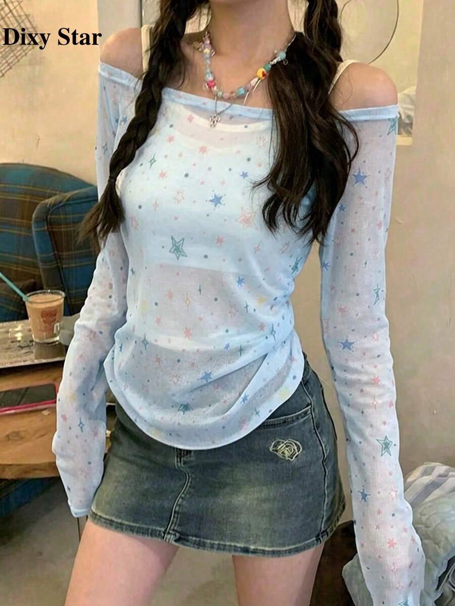 美式辣妹風露肩長袖防曬罩衫,小眾修身顯身材休閒上衣,女款 - 藍色 - 查看 1