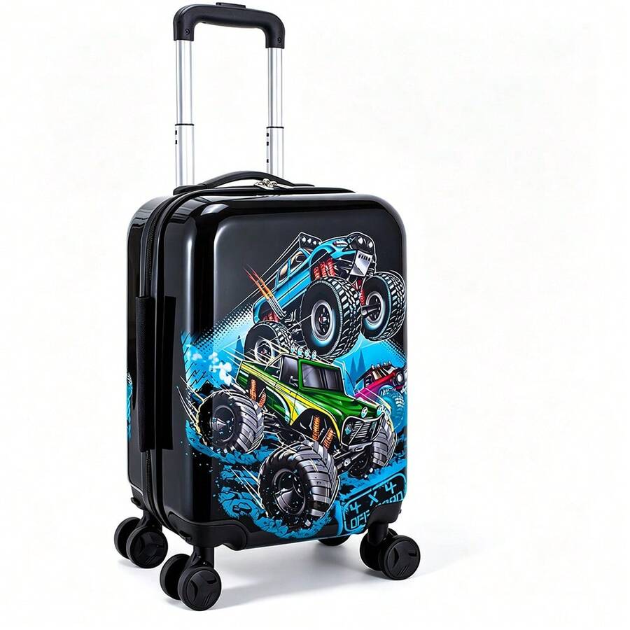 Boys' 4x4 Off-Road Truck Print Hard Shell Kids Rolling Suitcase, Spinner Wheels Carry-On Luggage, Portable Travel Vacation Suitcase For Children - Black - View 1